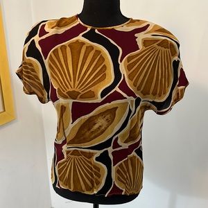 Brown, maroon, black abstracts lightweight blouse, Size P4, JONES New York brand